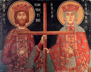 Fresco Bizantino del Siglo XV Emperador Constantino y su Madre Helena Pintura Mural Iglesia del Arcángel Miguel en Pedoulas, Chipre Iglesias Pintadas Sitio UNESCO Troodos, Chipre